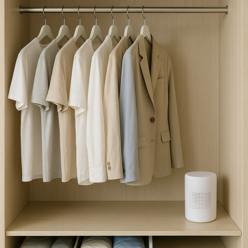 제습제를 두고 옷 사이 간격을 넓혀 정리한 장마철 옷장