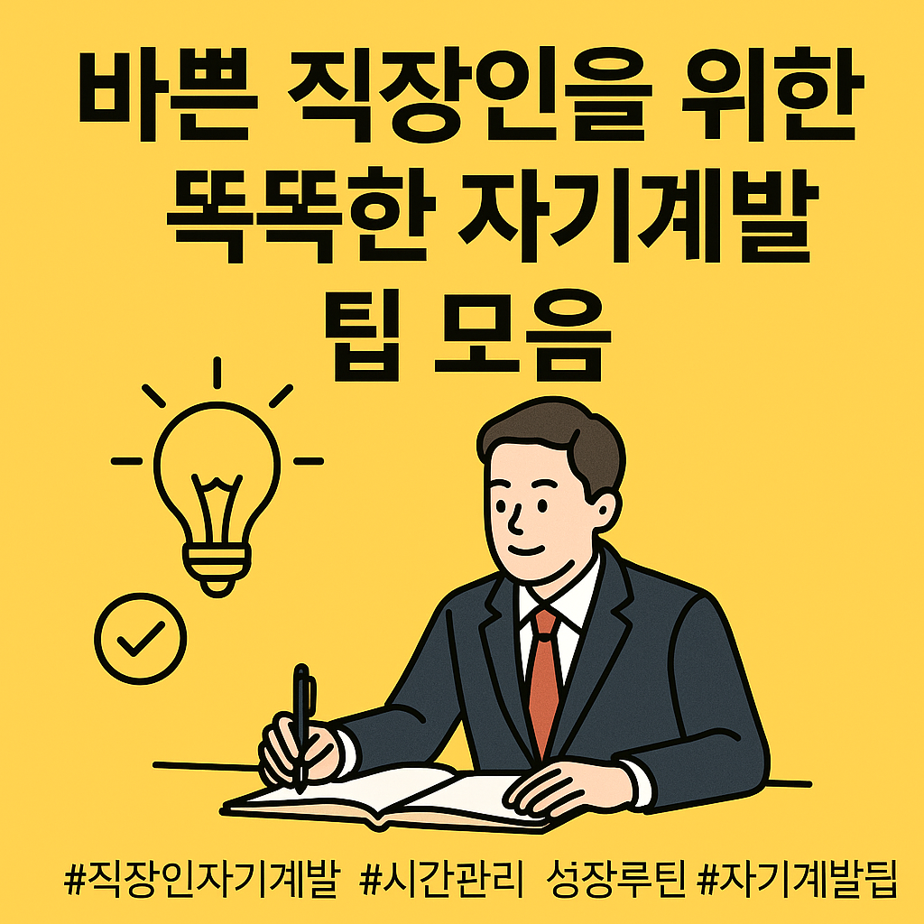 바쁜 직장인을 위한 자기계발 팁을 소개하는 일러스트 썸네일 이미지