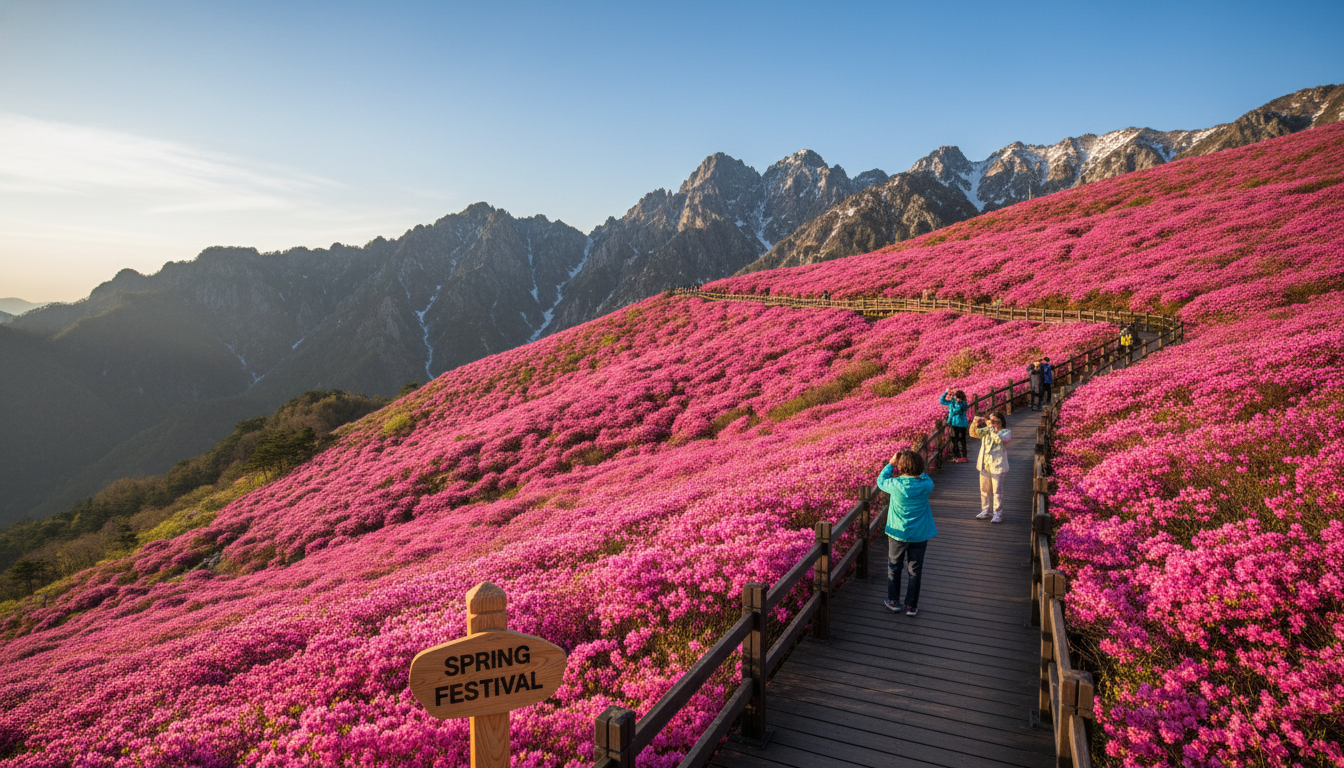 분홍빛으로 물든 2026년 비슬산 참꽃 군락지와 평화로운 나무 데크 산책로의 웅장한 봄 풍경