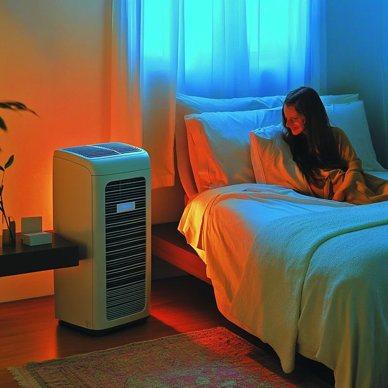 아늑한 침실에서 소형 이동식 에어컨이 시원함을 전하며, 미니멀리스트 스타일의 인테리어와 조화를 이루고 있습니다.