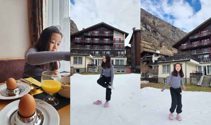 아침마다 먹었던 따뜻한 찐 달걀, 체르마트 알프벨 호텔 레스토랑 테라스에서 나갈 수 있는 눈 쌓인 마당에서.