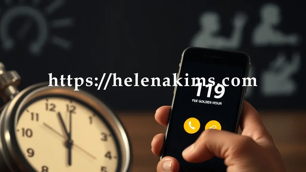 시계의 초침이 긴박하게 움직이는 순간, 동시에 '119' 버튼이 선명하게 빛나는 스마트폰 화면을 누르기 직전의 떨리는 손.