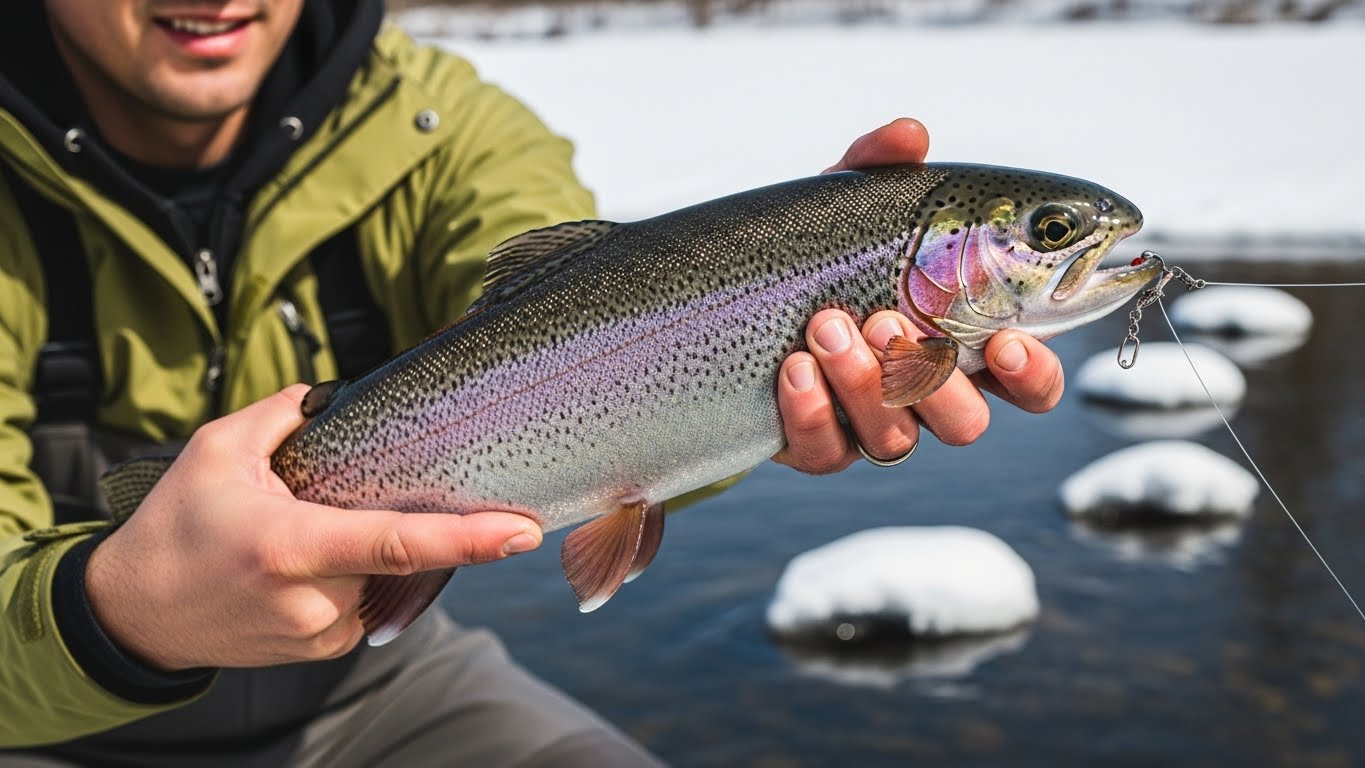 얼음 낚시로 갓 잡은 싱싱한 송어를 기쁘게 들어 올리는 손.