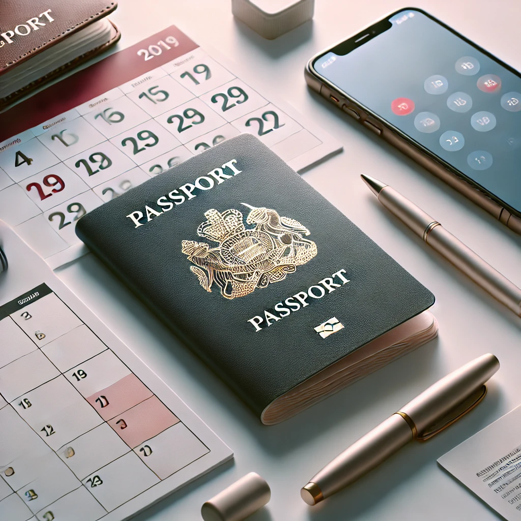 책상 위에 여권, 스마트폰, 펜, 일정이 표시된 달력이 놓여 있는 깔끔한 이미지.