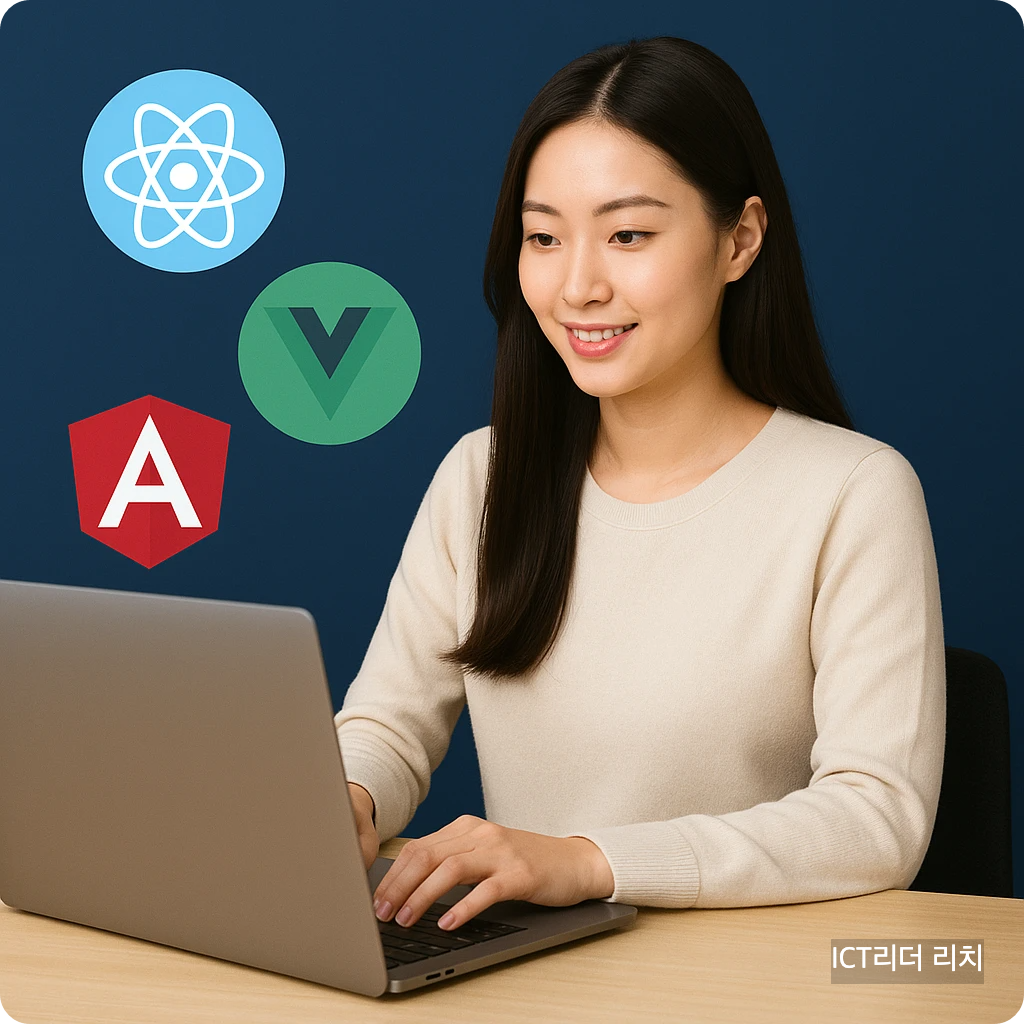 React Vue Angular 프레임워크 비교 썸네일 - 여성 모델
