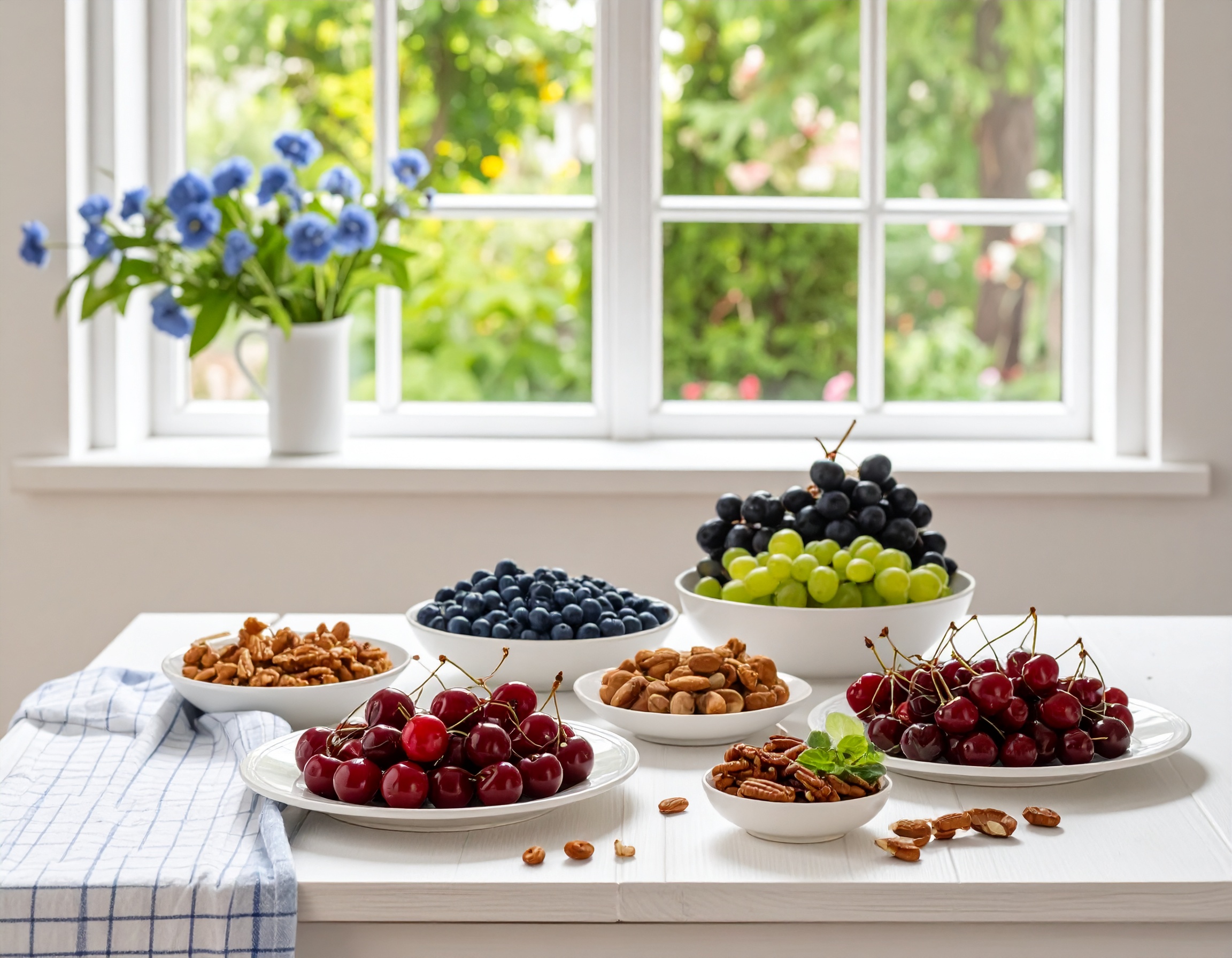 항산화 음식으로 좋은 체리, 블루베리, 포도, 아몬드, 피칸이 담긴 접시