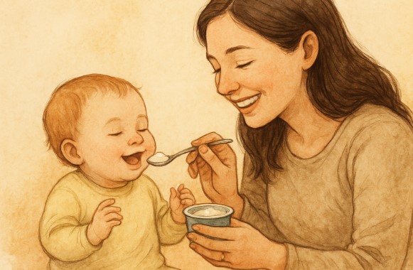 아기에게 유산균이 든 요거트를 먹이며 미소 짓는 엄마의 모습