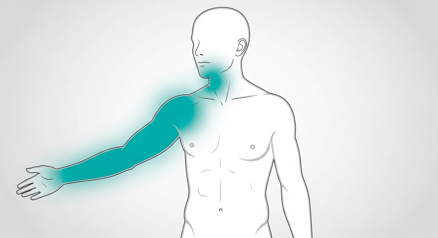 심근경색 시 통증이 퍼지는 부위(왼쪽 팔, 어깨, 턱)를 표시한 인체 도형 인포그래픽