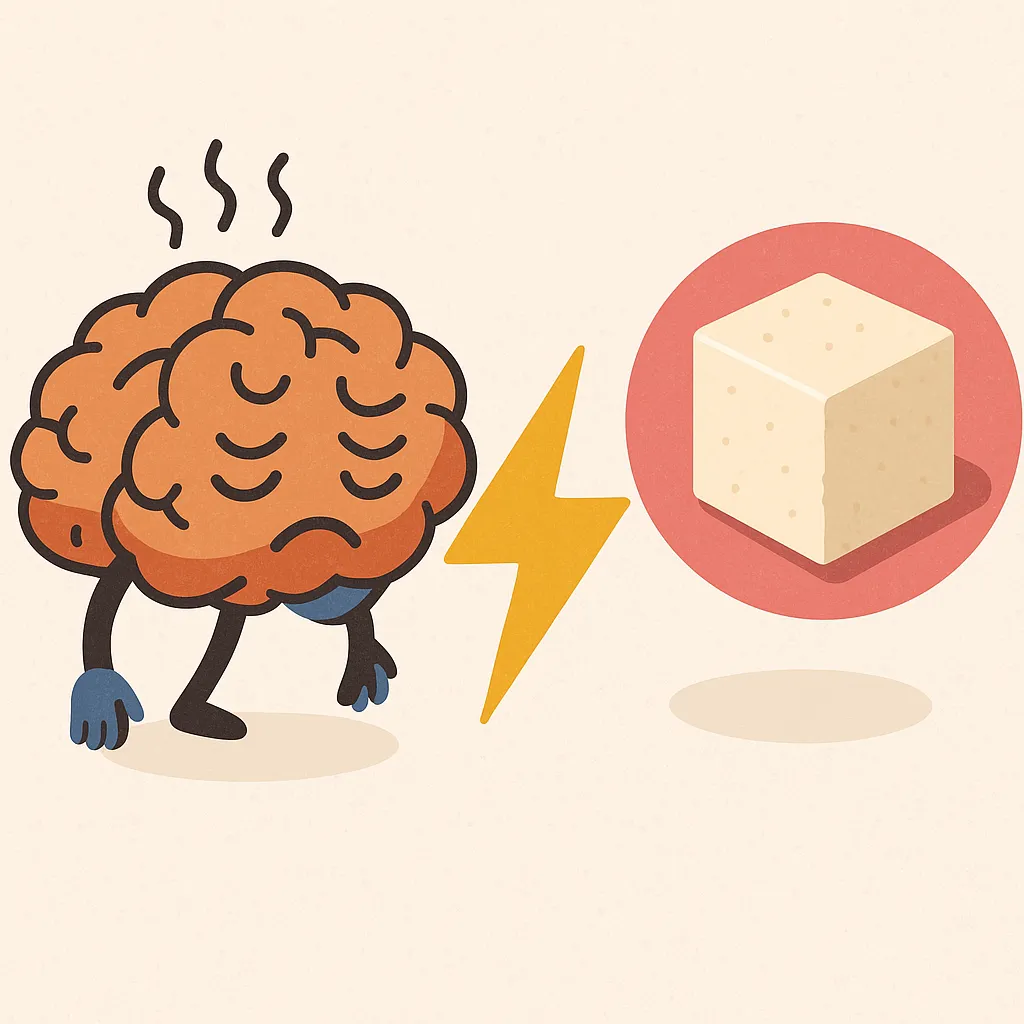 당분이-뇌-피로를-줄여주는-순간적-효과를-상징적으로-표현한-일러스트-이미지로-지친-뇌와-당분-아이콘을-대조적으로-묘사