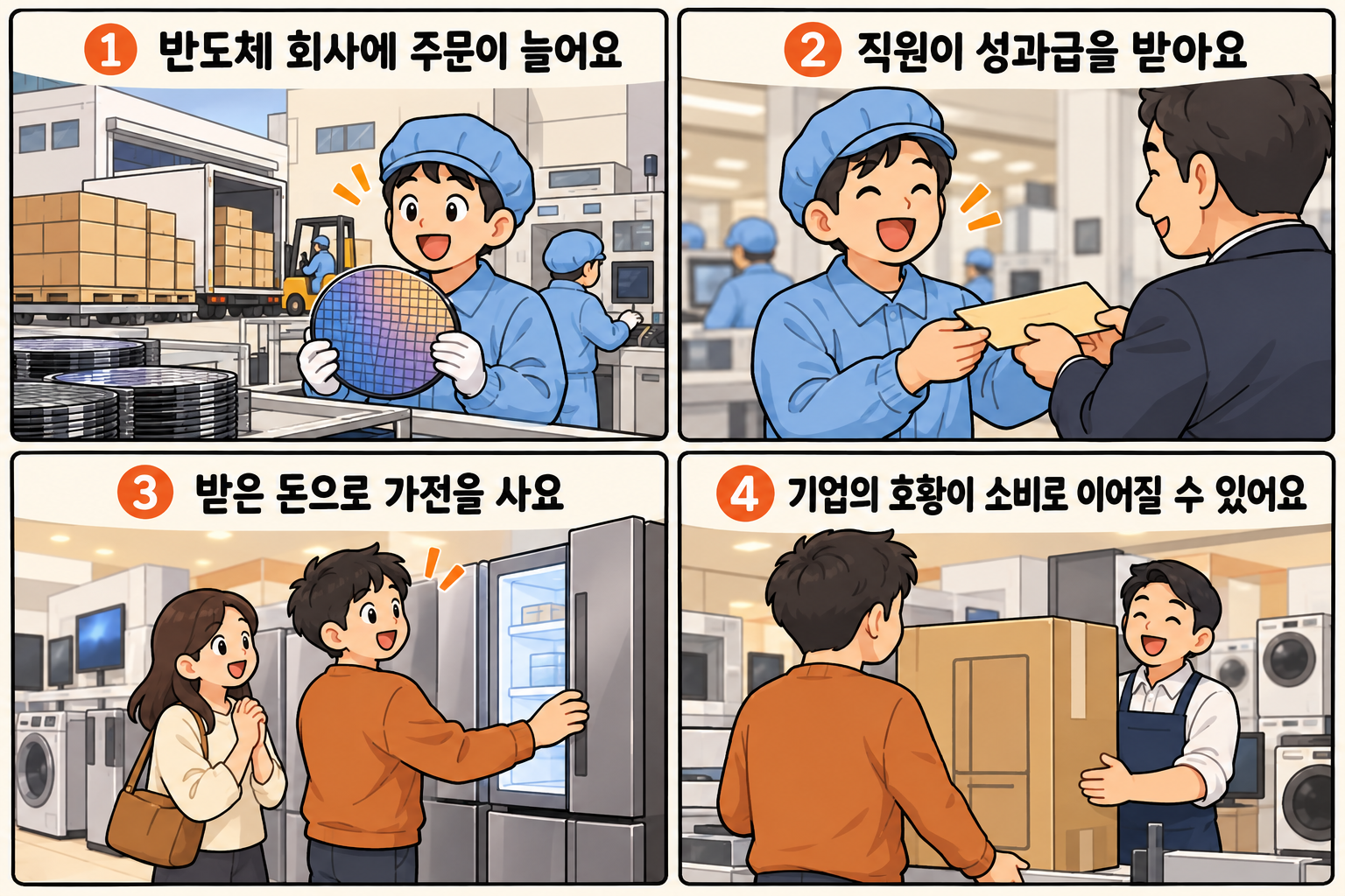 반도체 회사 주문 증가에서 직원 성과급, 가전 구매, 지역 소비로 이어질 수 있는 경로를 그린 4컷 만화