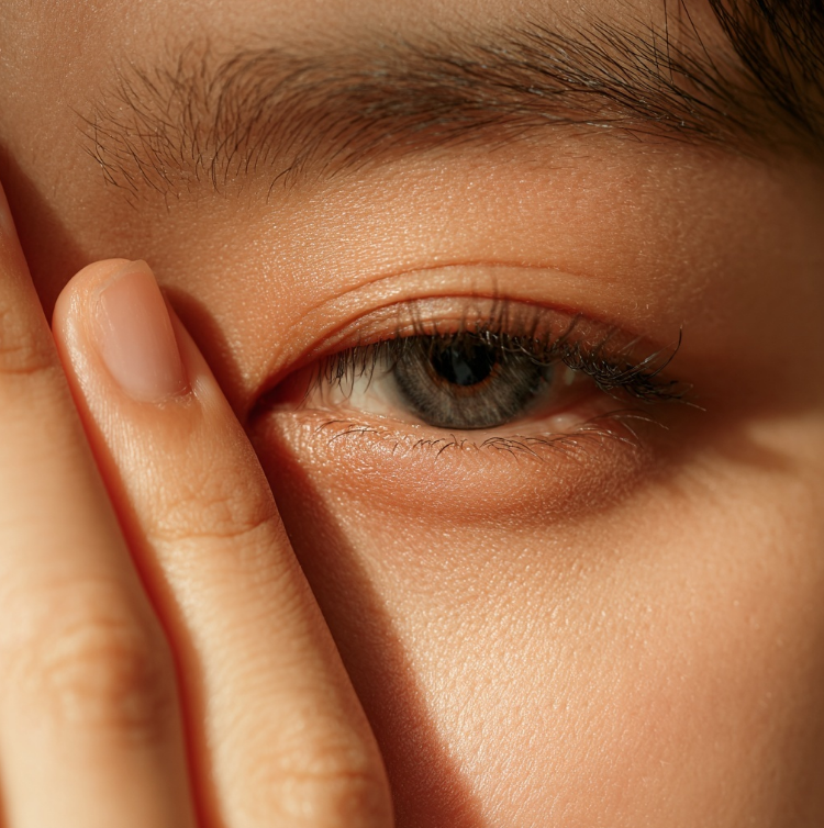 눈 주위가 많이 부워 거울로 확인하는 여성