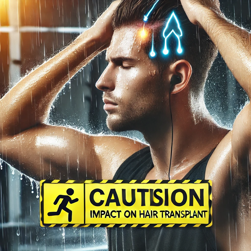 땀을 흘리며 운동하는 남성, 운동 후 이식 부위 주의가 필요한 모습