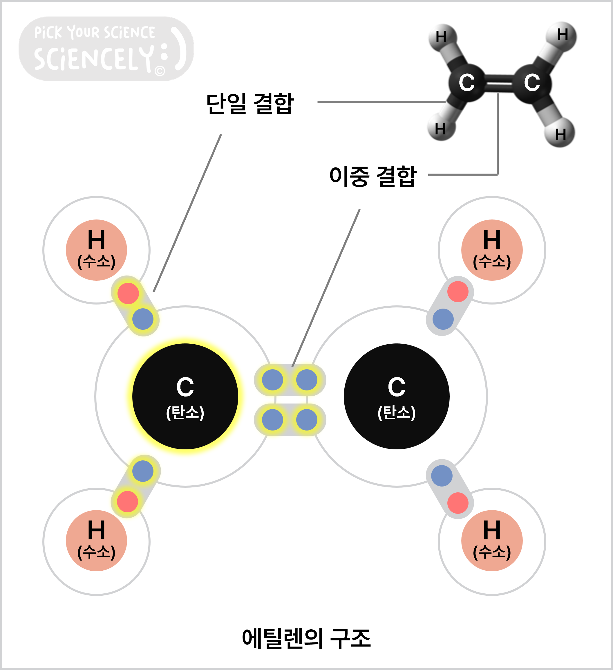에틸렌의 구조, 단일 결합, 이중 결합, 공유 결합, 수소, 탄소
