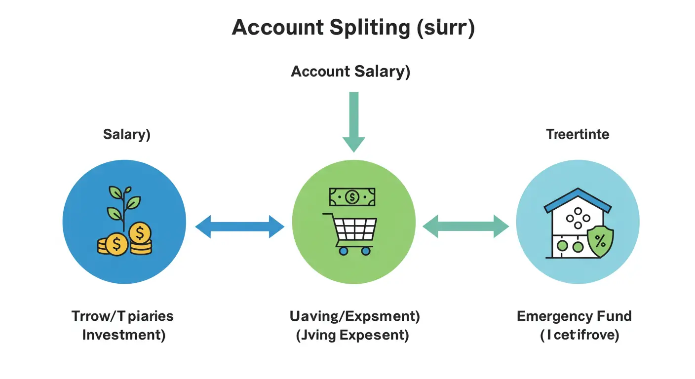 월급 통장에서 저축, 생활비, 비상금 통장으로 자동이체되는 통장 쪼개기 시스템 도식도