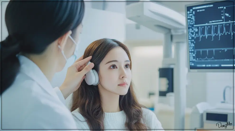 귀에서-소리-증상을-완화하기-위해-병원에서-이명-치료를-받고-있는-여성의-모습