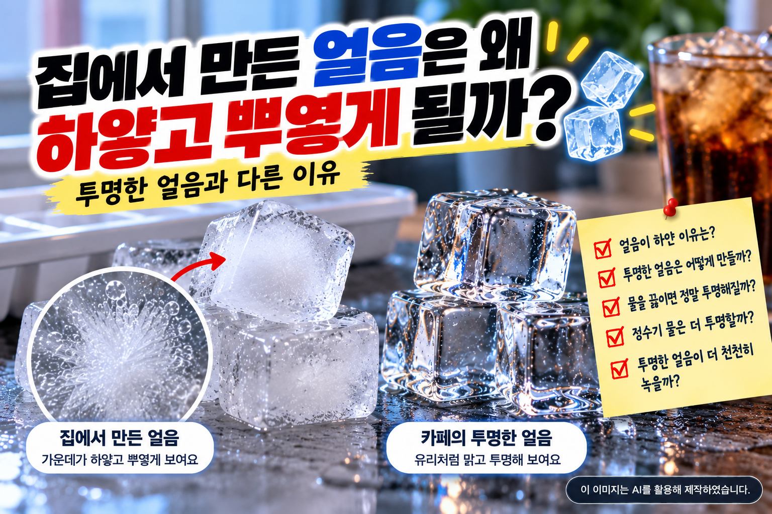 집에서 만든 얼음이 하얗고 뿌옇게 되는 이유와 카페의 투명한 얼음 차이