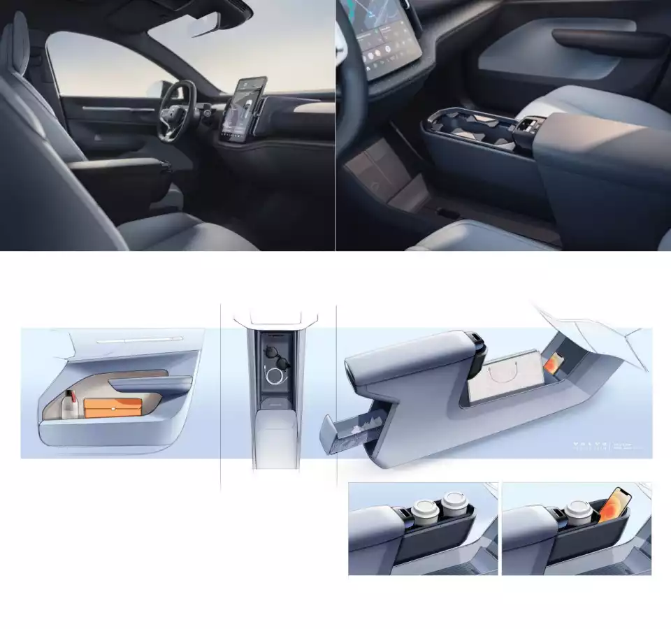 EX30의 1열 컵홀더는 센터 콘솔에서 서랍형으로 나옵니다(출처 : 볼보자동차).