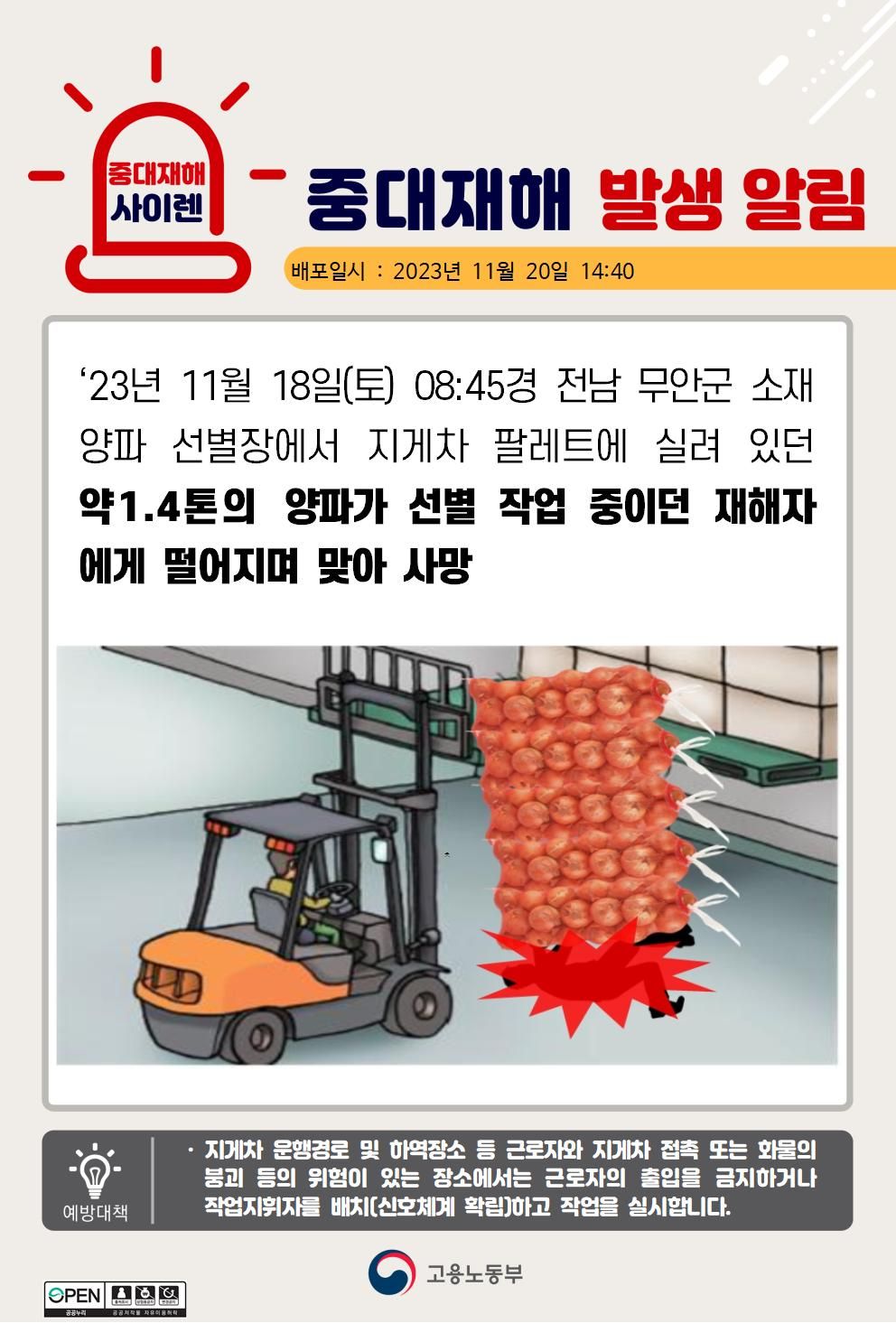 팔레트에 실려있던 양파가 떨어지며 맞음(1.4톤)