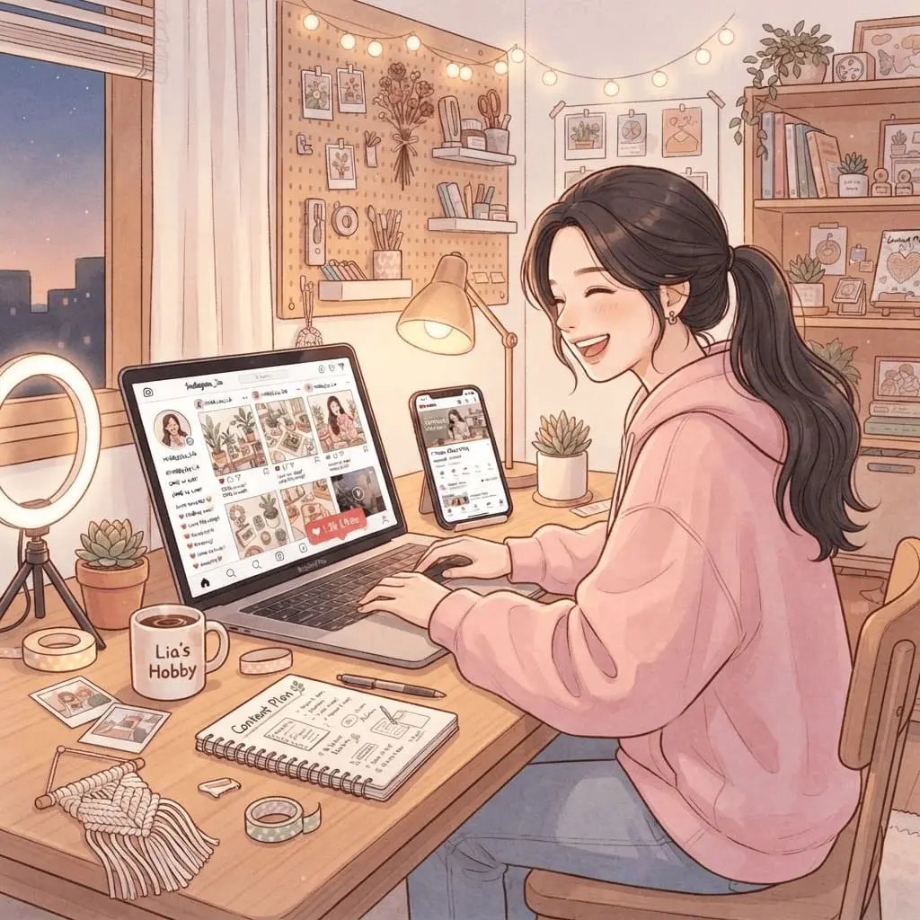 취미공유를 위해 블로그와 유튜브를 활용해 수익화를 준비하는 SNS 콘텐츠를 만드는 여성