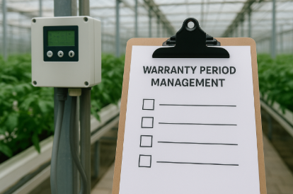 온실 내부 자동재배 시스템 옆에 ‘보증기간 관리’ 체크리스트가 놓인 모습