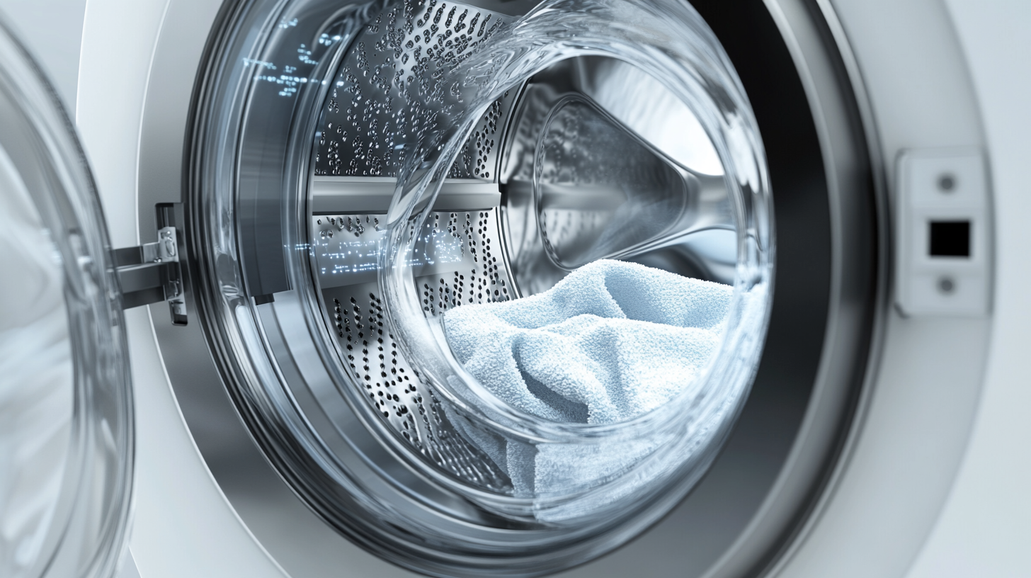 투명 드럼을 통해 섬유를 분석하는 AI 알고리즘이 보이는 최신형 AI 세탁기의 세밀한 모습