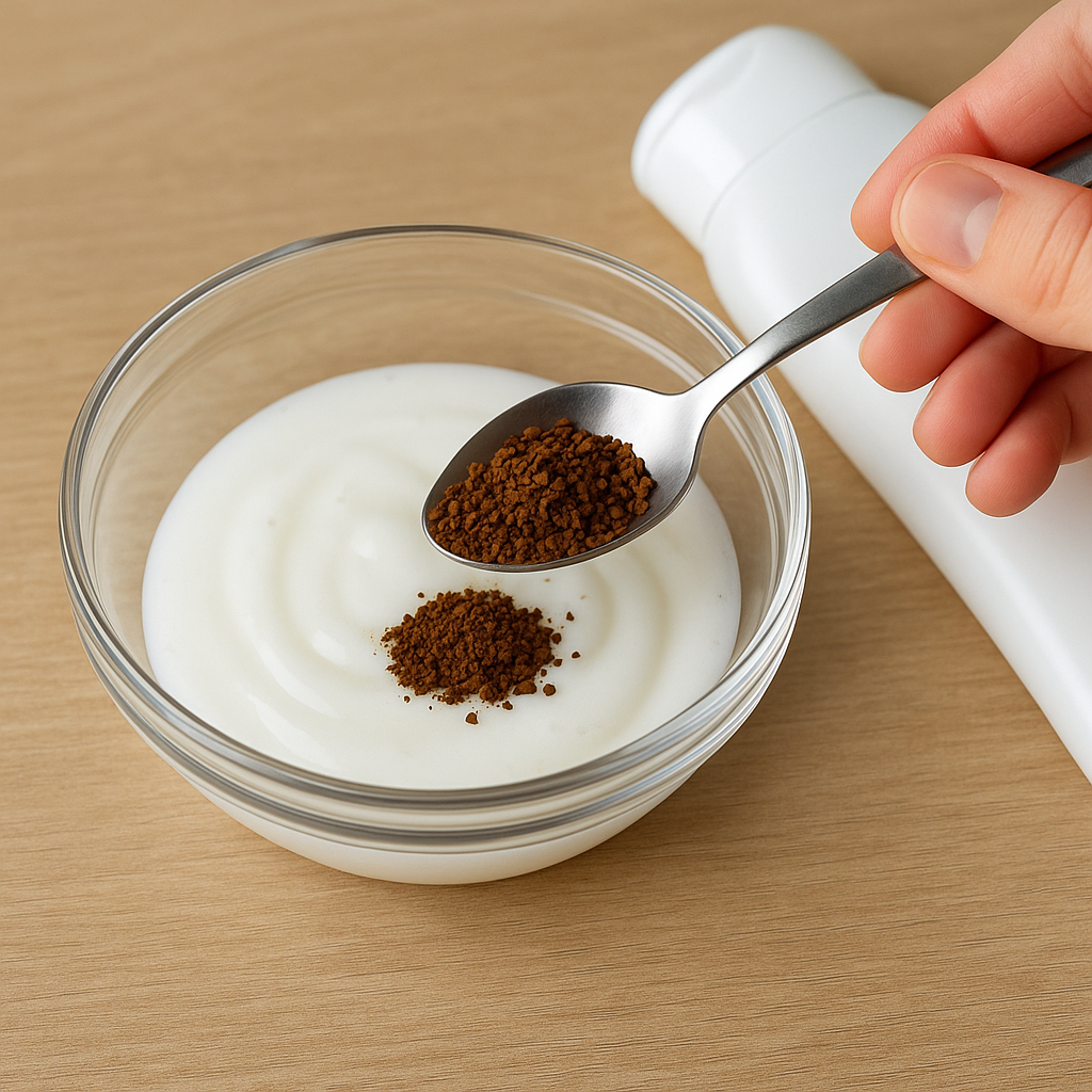 투명 유리볼에 담긴 샴푸에 스푼으로 인스턴트 커피를 넣는 모습. 옆에는 흰색 샴푸 용기가 놓여 있다