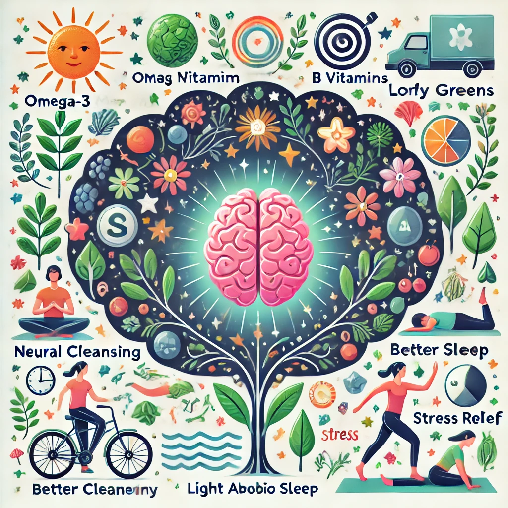 신경청소를 돕는 영양소와 운동법 (두뇌회복, 수면질, 스트레스 완화) 글을 표현한 이미지