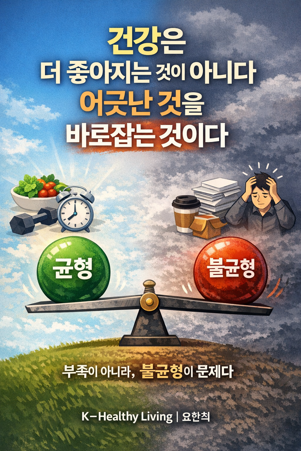 형과 불균형을 대비한 저울 이미지로, 건강은 더하는 것이 아니라 생활의 리듬과 시스템을 조정해 불균형을 바로잡는 과정임을 설명하는 K-Healthy Living 개념