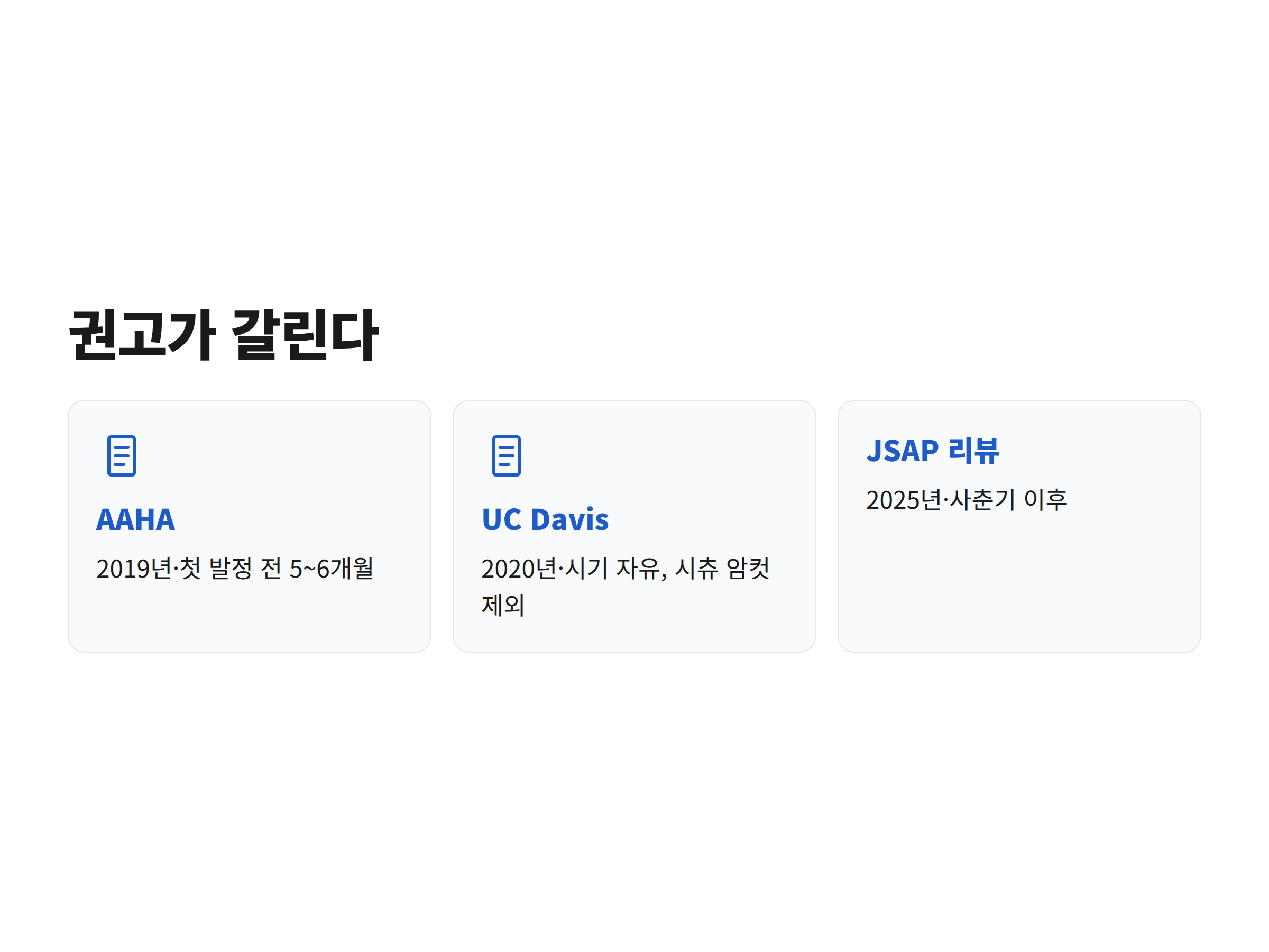 미국동물병원협회와 UC Davis 연구진, 2025년 학술지 리뷰의 소형견 중성화 권고가 서로 다르다는 것을 보여주는 비교 카드