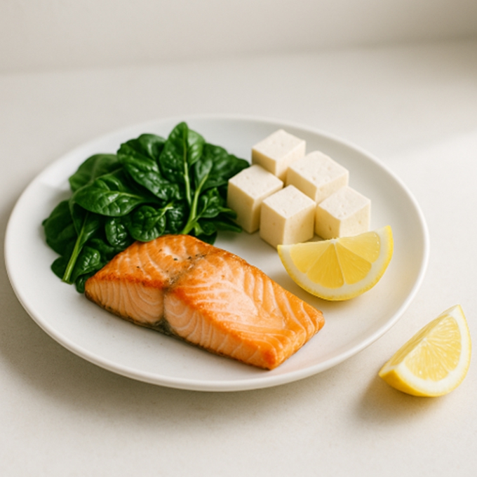 단백질과 철분 식품을 비타민C 채소와 함께 둔 한 접시 구성.