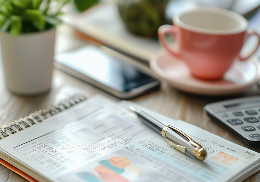 가계부와 펜, 커피잔이 함께 놓인 책상 위의 모습