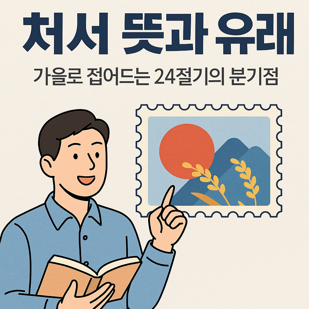 처서의 의미와 유래를 설명하는 일러스트, 책을 들고 가을 절기를 가리키는 남성과 태양&middot;산&middot;벼 이삭을 담은 우표 그림