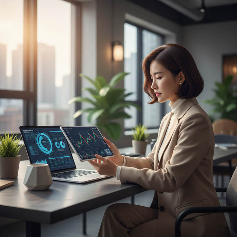 노트북과 태블릿으로 ETF 자동투자 데이터를 분석하는 여성 투자 전문가의 모습, 증권사별 리밸런싱 및 수익률 비교를 시각화한 장면