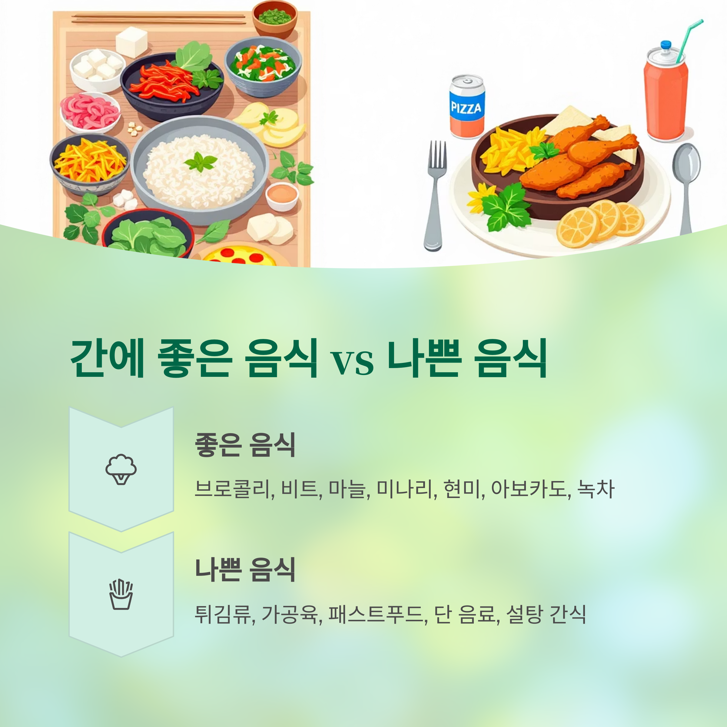 간에 좋은 음식과 피해야 할 식단 관련 사진