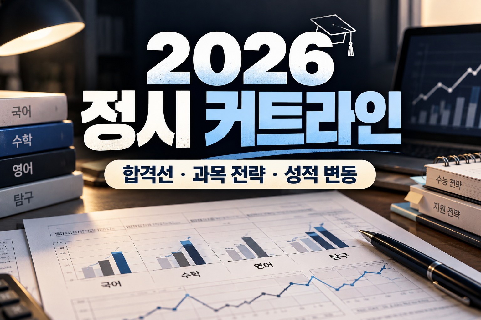 2026 정시 커트라인과 대학 합격선, 수능 과목별 지원 전략 및 성적 변동을 분석하는 입시 정보 이미지