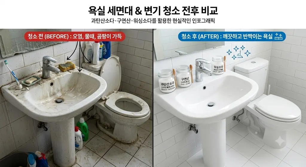욕실 세면대와 변기 청소 전후 비교 및 과탄산소다와 구연산 청소용품 이미지