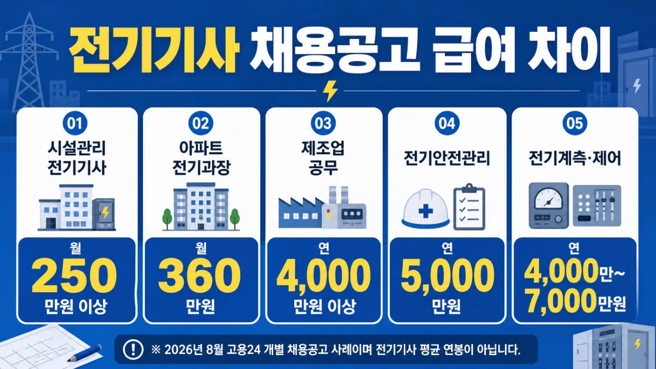 시설관리와 제조업 공무 전기안전관리 등 전기기사 채용공고 급여 비교