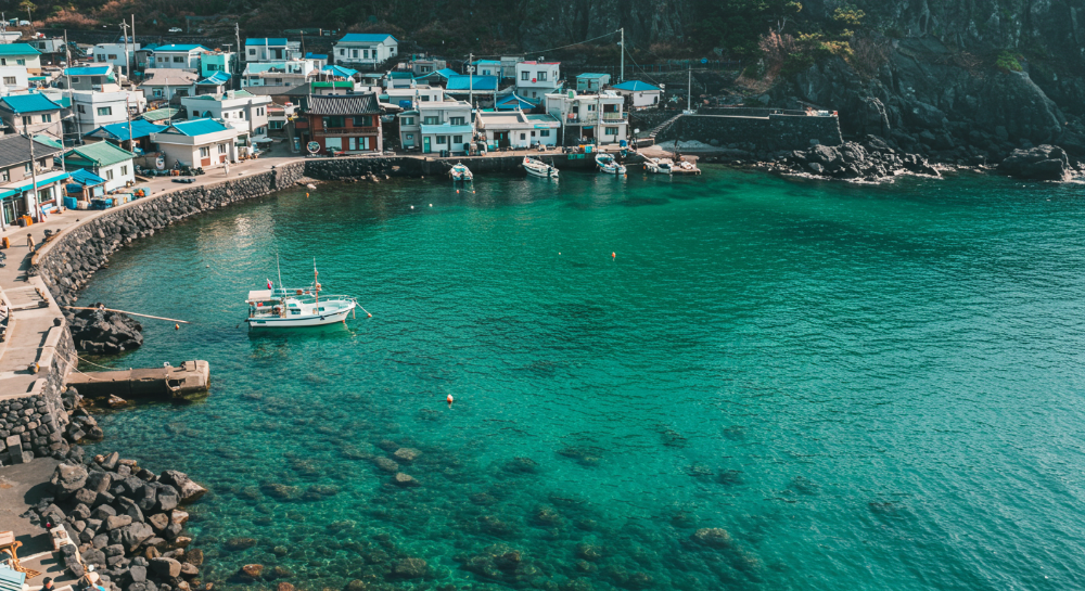 에메랄드빛 바다와 제주 돌담이 아름다운 하도리 어촌 풍경