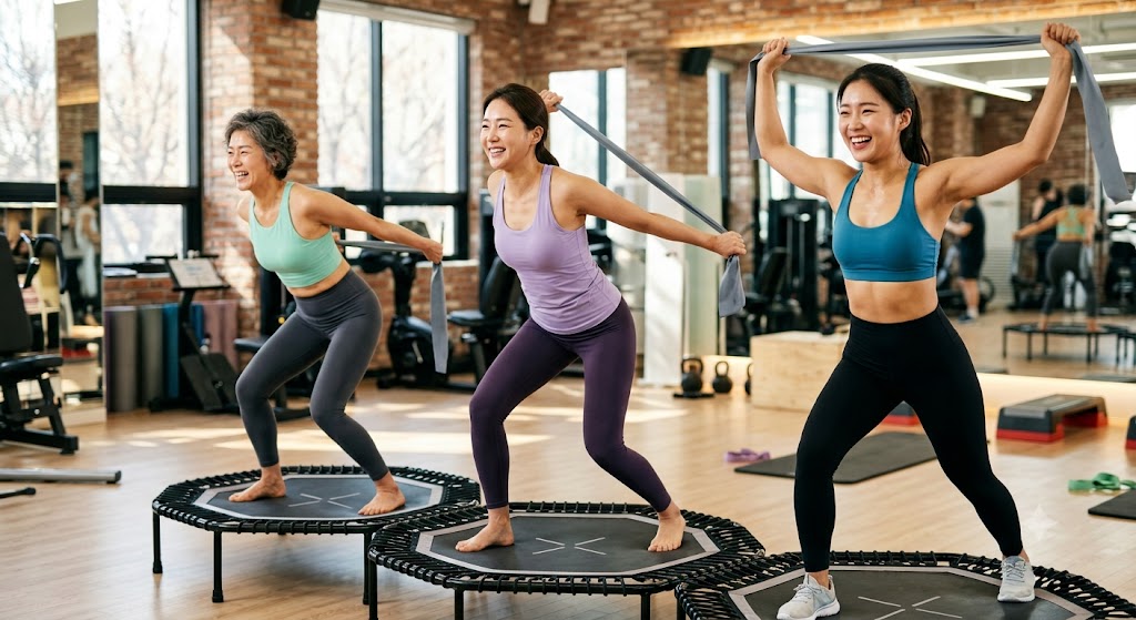 점핑 운동 전 밴드를 이용한 스트레칭 동작