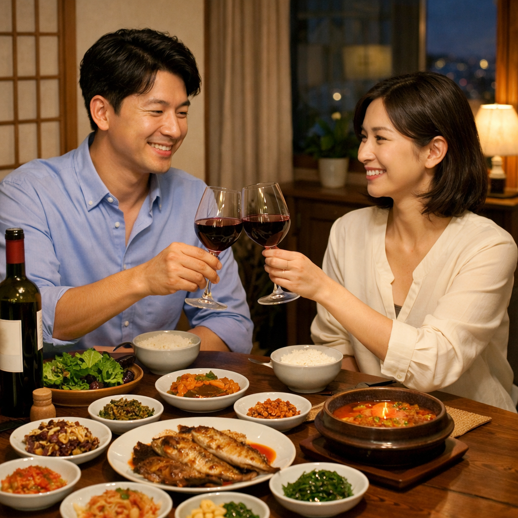 한식 저녁식탁 에서 와인 마시는 부부 모습