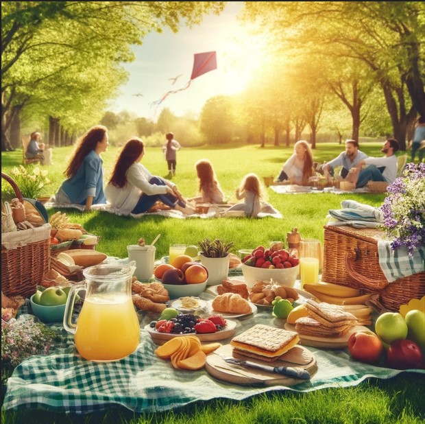 아름다운 공원에 여러 가족들이 피크닉을 즐기고 있고, 앞쪽에는 도시락등으로 가져온 많은 음식들이 펼쳐져 있는 그림