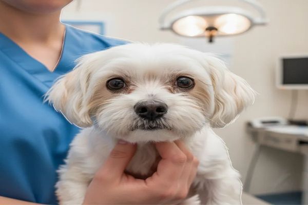 수의사 손이 강아지의 턱을 들어 기도를 확보하는 모습