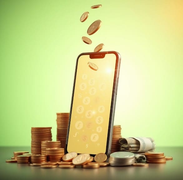 핸드폰 옆으로 쌓여있는 동전들