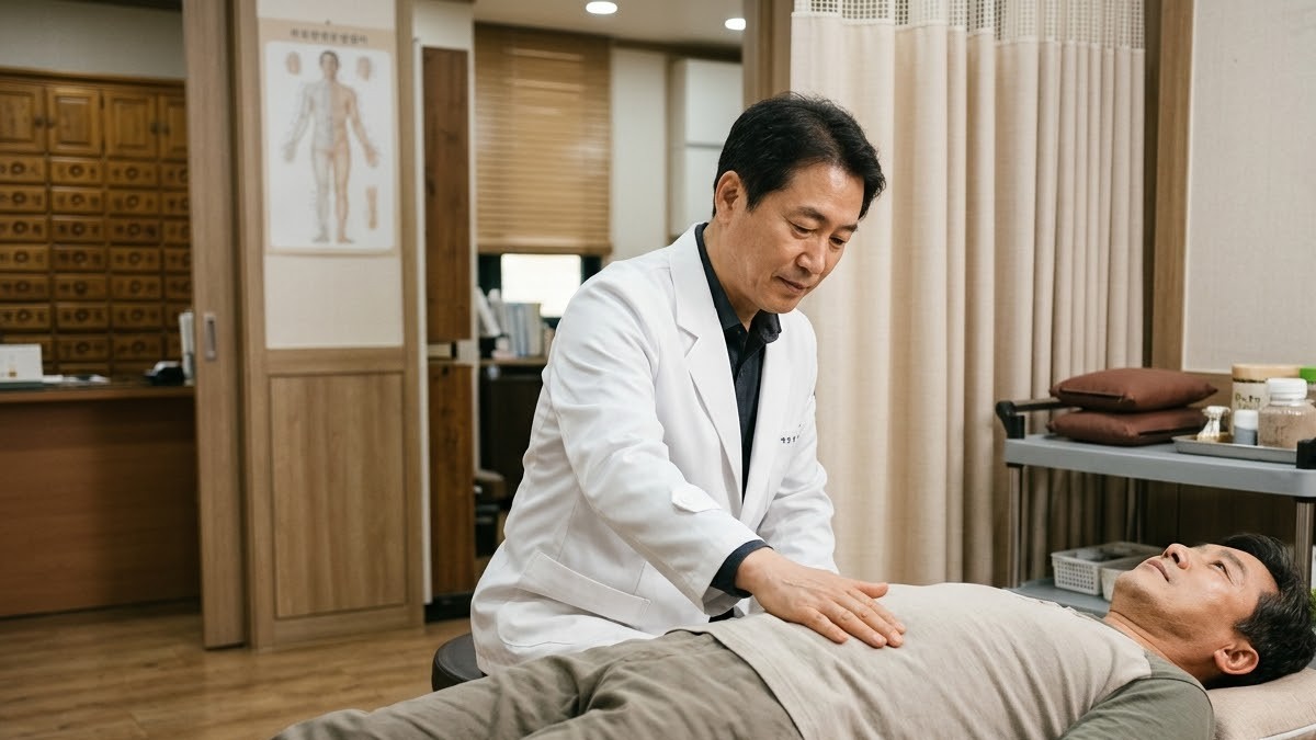 한의원 진료실에서 한의사가 침대에 누운 환자의 배를 살피는 복진 모습