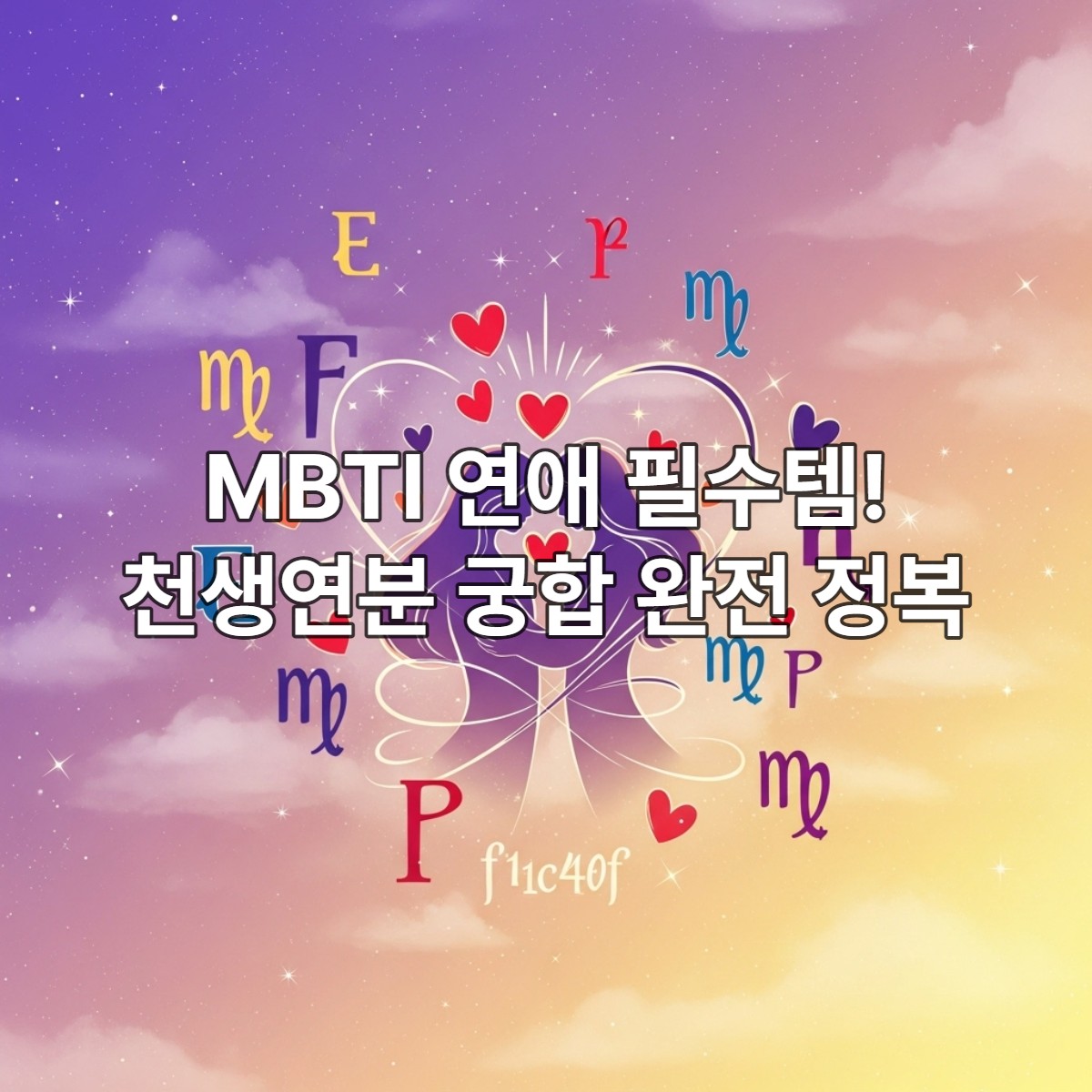 다채로운 MBTI 유형들이 보라색과 노란색 그라데이션의 밤하늘에서 서로 연결되고 어우러지는 낭만적인 일러스트. 중앙에는 조화로운 커플의 실루엣이 있고, 주변에는 하트와 연결된 길이 떠다니며 MBTI 궁합을 통한 연애 성공을 상징합니다.