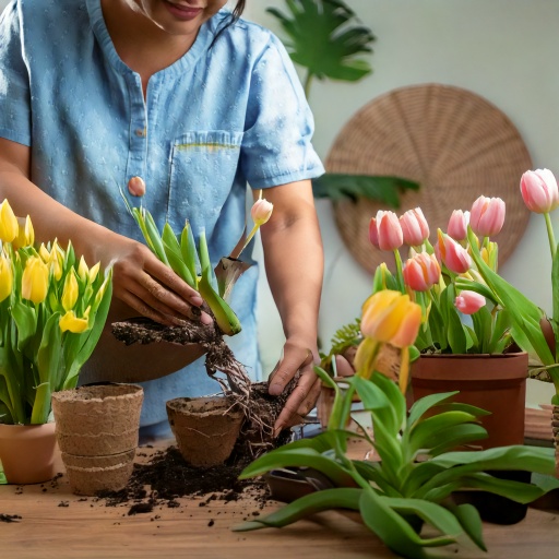 튤립 심는 여자의 모습