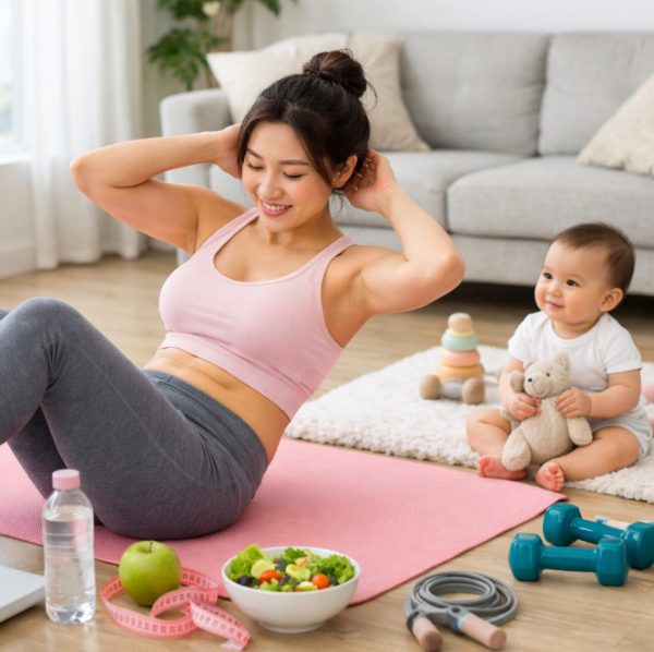 후 체형 변화와 체중 관리를 위해 운동 중인 엄마와 아기, 홈트레이닝과 건강한 식단 모습
