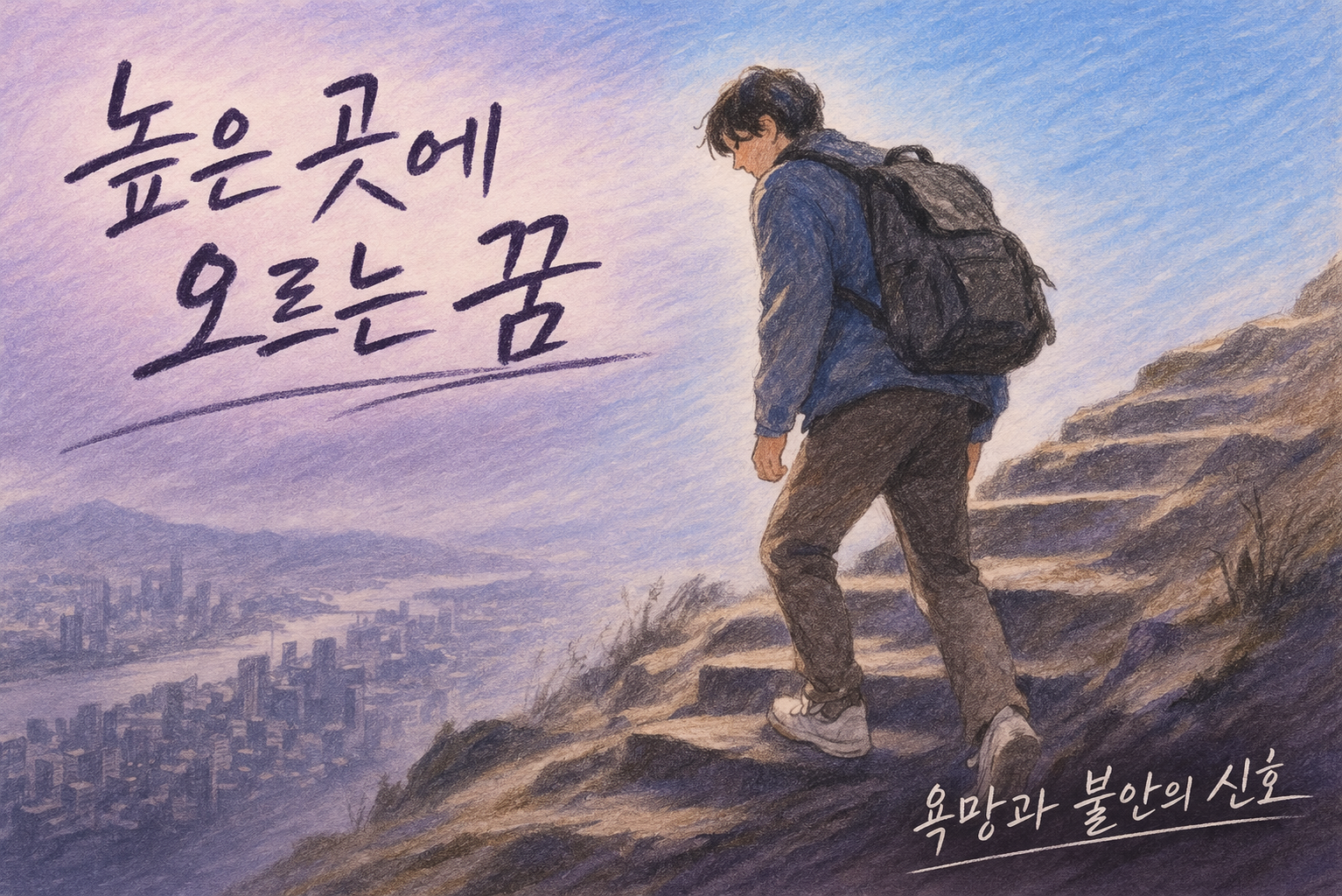 높은 곳을 오르며 아래를 내려다보는 인물 일러스트