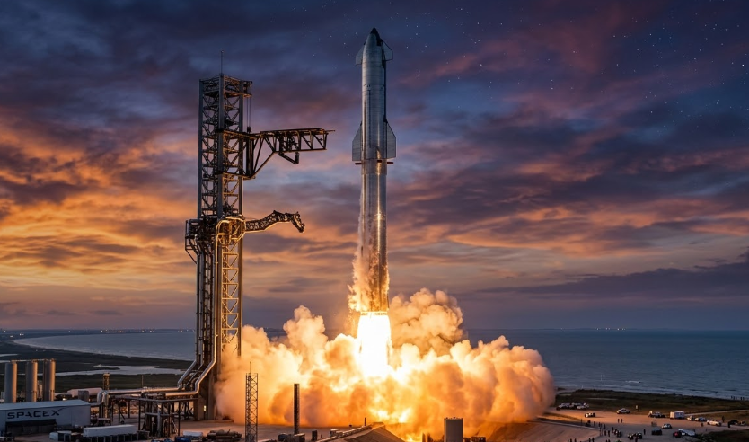 스페이스X 스타십과 슈퍼 헤비 부스터가 텍사스 스타베이스 발사대에서 이륙하는 장면