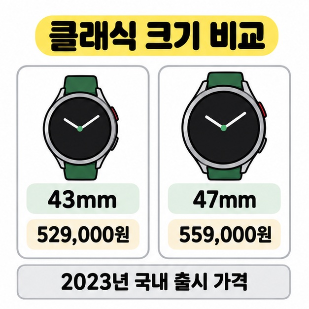 클래식 43mm와 47mm 시계 그림에 각각 529,000원과 559,000원을 표시하고 2023년 국내 출시 가격임을 밝힌 비교 카드